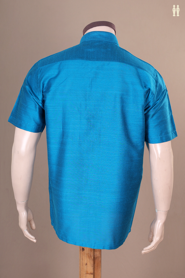 Regular Collar Plain Cerulean Blue Raw Silk Shirt