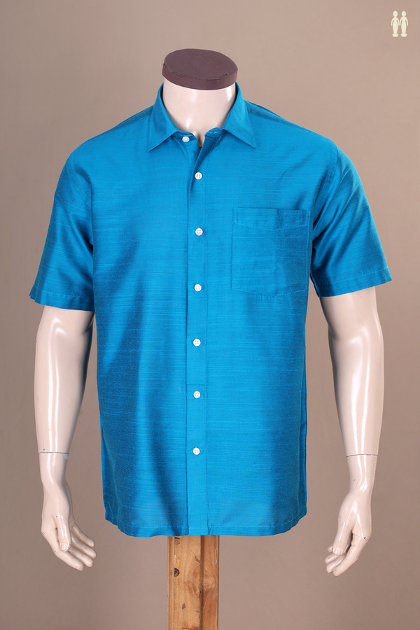 Regular Collar Plain Cerulean Blue Raw Silk Shirt