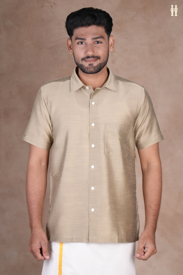 Regular Collar Plain Dusty Olive Raw Silk Shirt