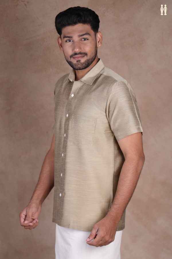 Regular Collar Plain Dusty Olive Raw Silk Shirt