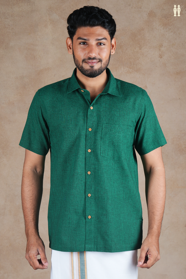 Regular Collar Plain Forest Green Cotton Shirt