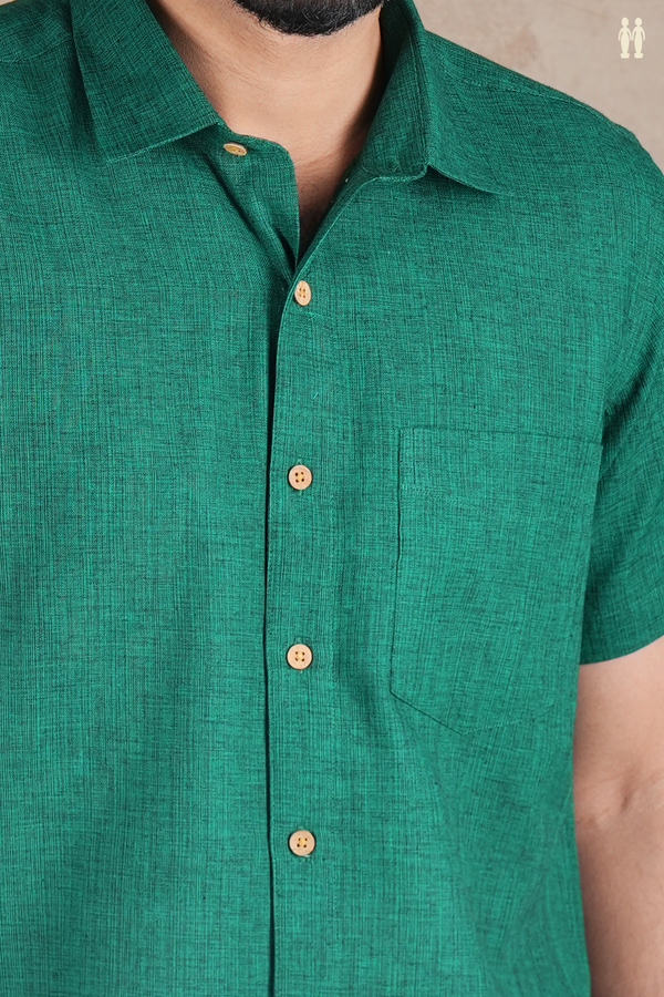 Regular Collar Plain Forest Green Cotton Shirt