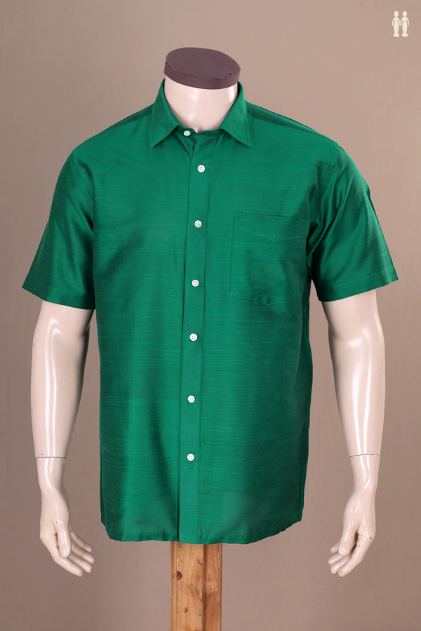 Regular Collar Plain Forest Green Raw Silk Shirt