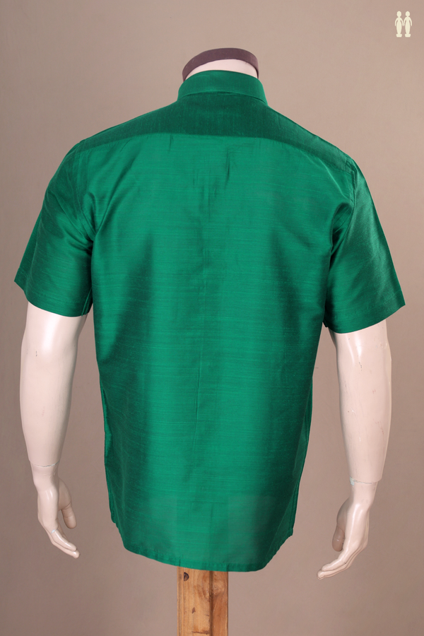 Regular Collar Plain Forest Green Raw Silk Shirt