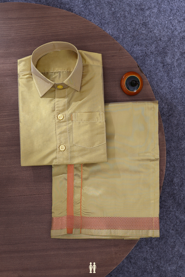 Regular Collar Plain Gold Art Silk Shirt With Velcro Dhoti Set