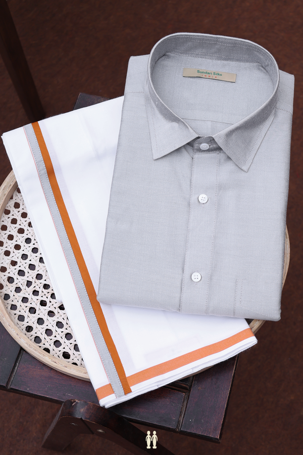 Regular Collar Plain Grey Cotton Shirt With Dhoti Set