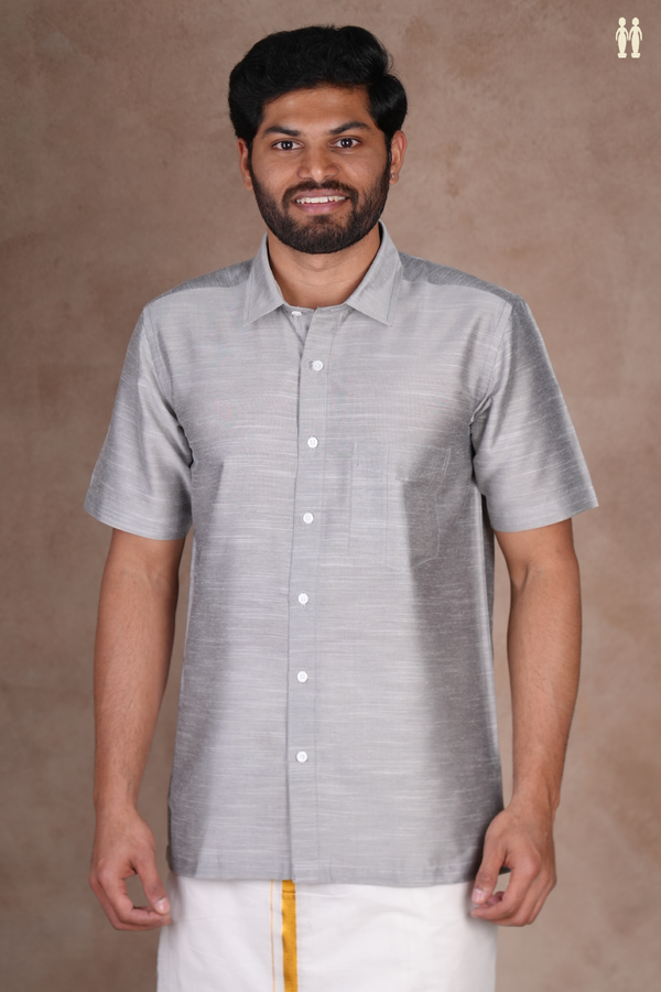 Regular Collar Plain Grey Raw Silk Shirt