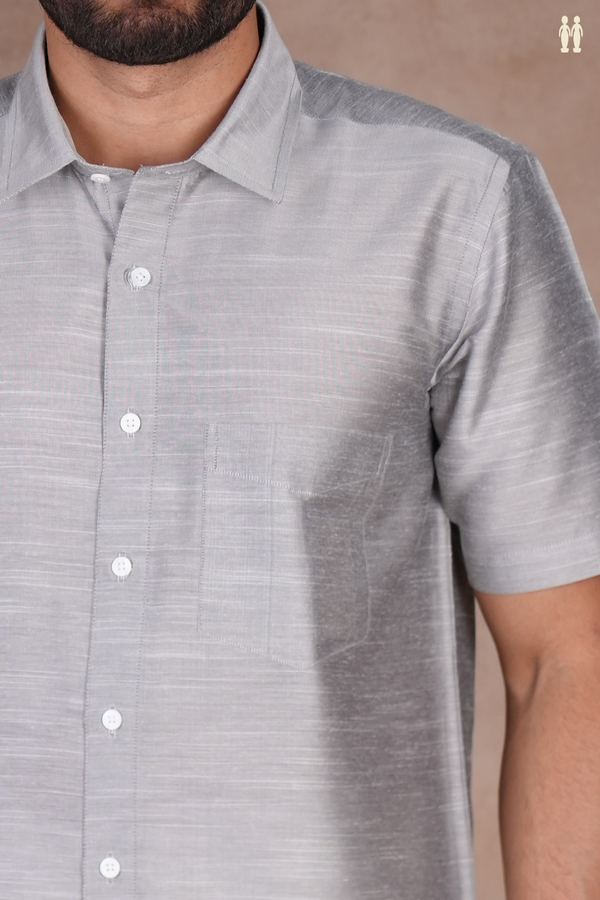Regular Collar Plain Grey Raw Silk Shirt