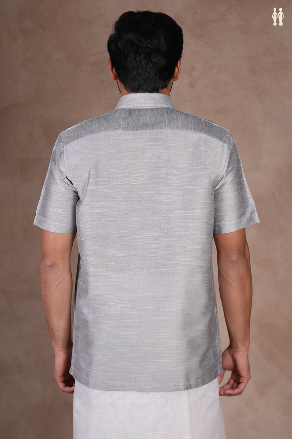 Regular Collar Plain Grey Raw Silk Shirt