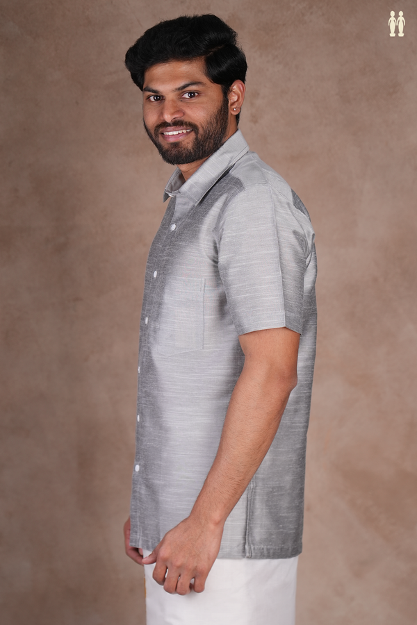 Regular Collar Plain Grey Raw Silk Shirt