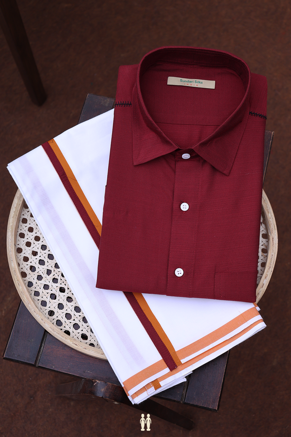 Regular Collar Plain Maroon Cotton Shirt With Dhoti Set