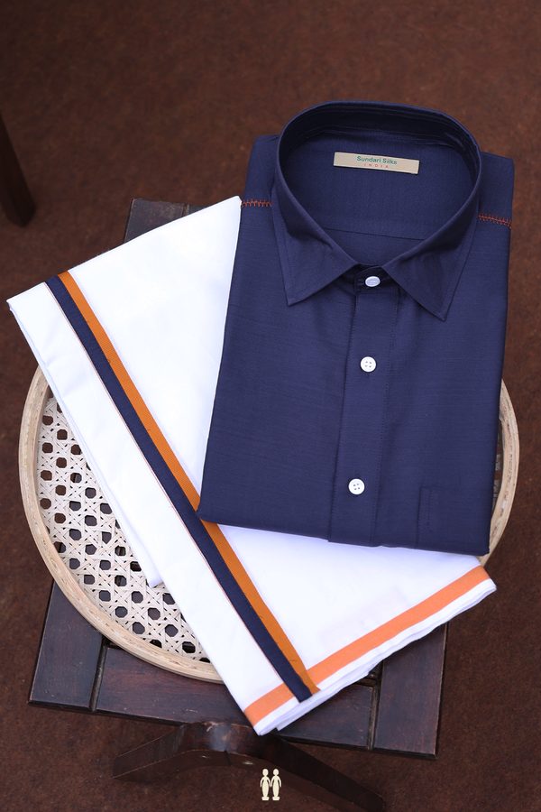 Regular Collar Plain Navy Blue Cotton Shirt With Dhoti Set