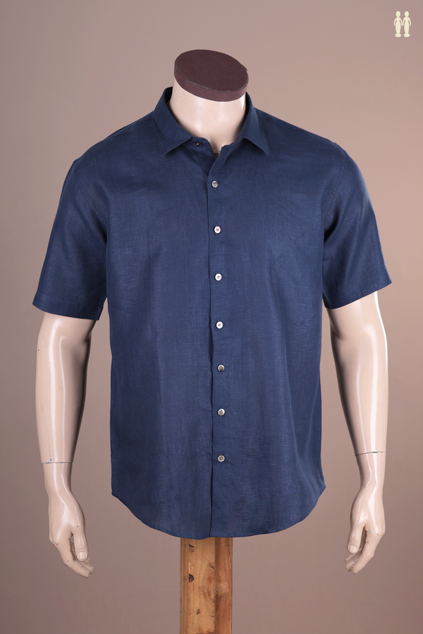 Regular Collar Plain Navy Blue Linen Shirt