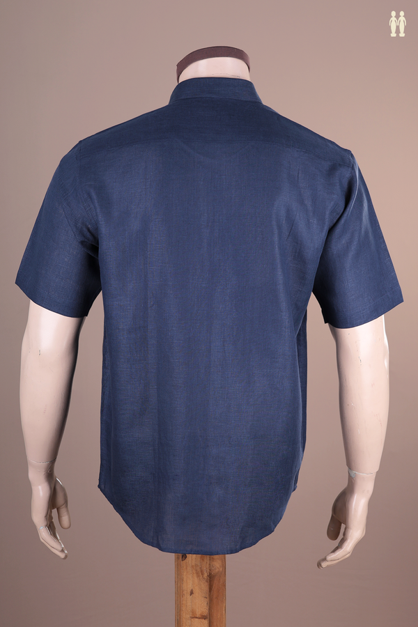 Regular Collar Plain Navy Blue Linen Shirt