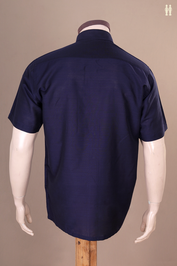 Regular Collar Plain Navy Blue Raw Silk Shirt