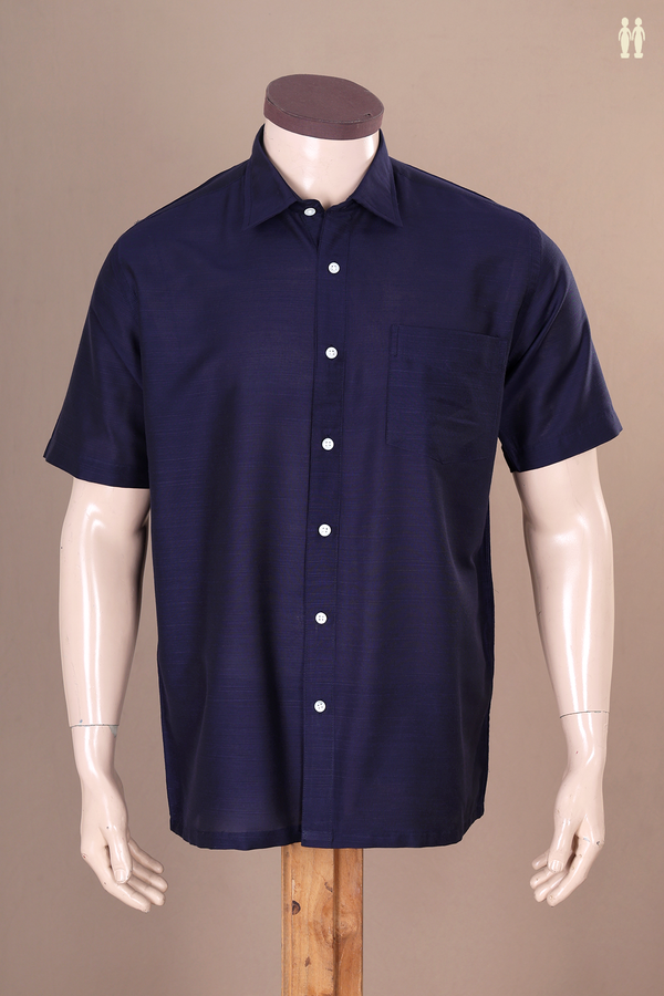 Regular Collar Plain Navy Blue Raw Silk Shirt