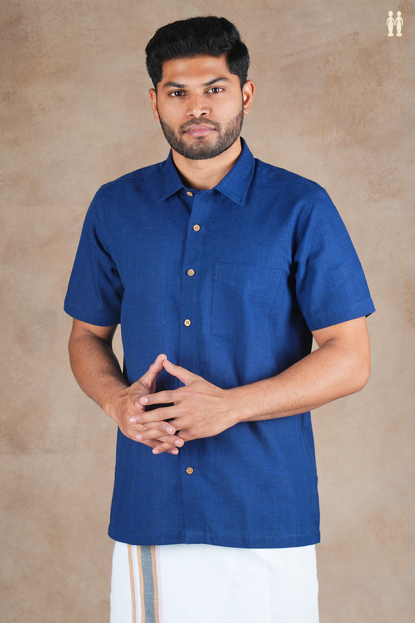 Regular Collar Plain Oxford Blue Cotton Shirt