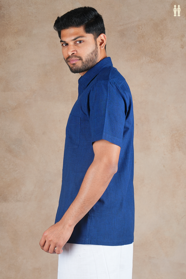 Regular Collar Plain Oxford Blue Cotton Shirt