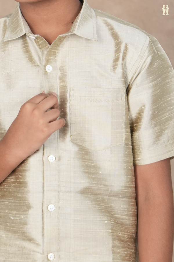 Regular Collar Plain Pastel Khaki Raw Silk Shirt