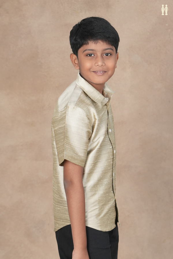 Regular Collar Plain Pastel Khaki Raw Silk Shirt