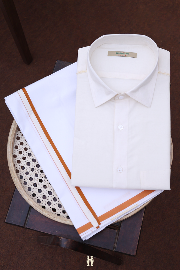 Regular Collar Plain White Cotton Shirt With Dhoti Set