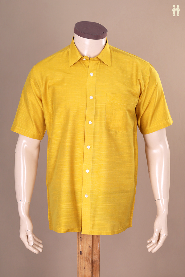 Regular Collar Plain Yellow Raw Silk Shirt