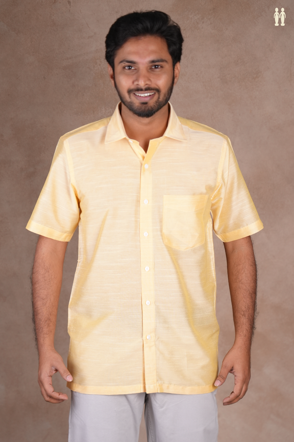 Regular Collar Plain Yellow Raw Silk Shirt