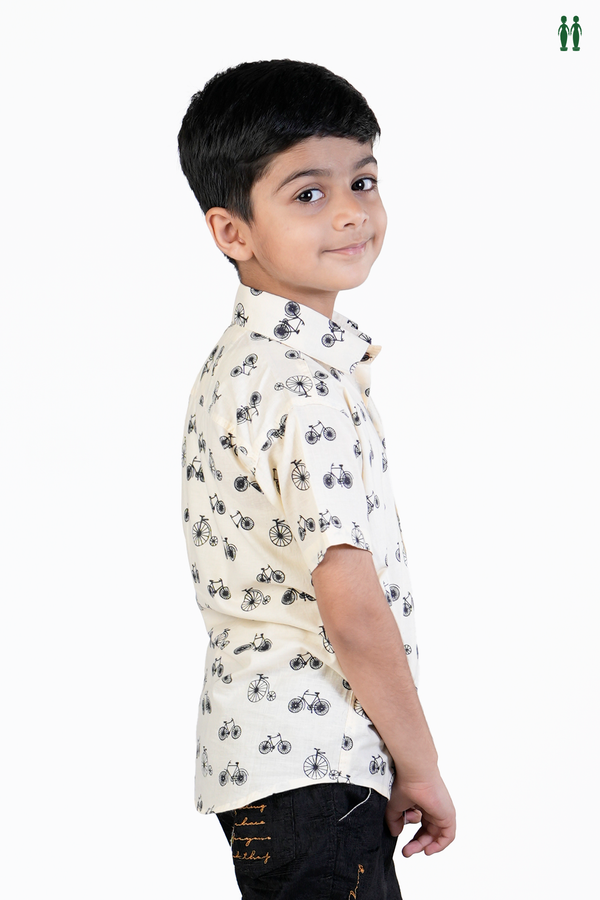 Regular Collar Printed Design Beige Cotton Shirt