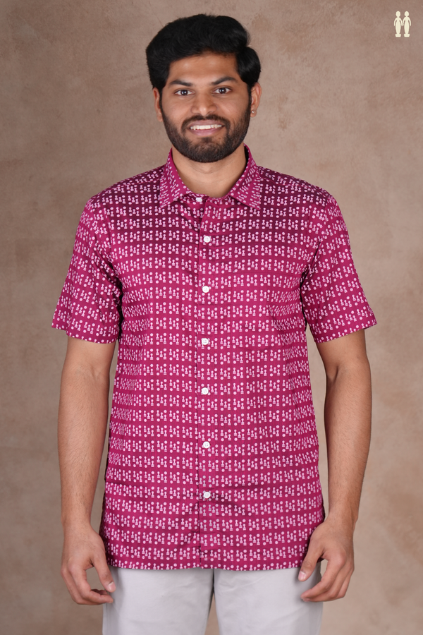 Regular Collar Printed Design Berry Purple Raw Silk Shirt