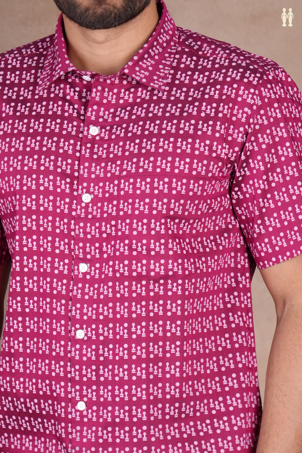 Regular Collar Printed Design Berry Purple Raw Silk Shirt