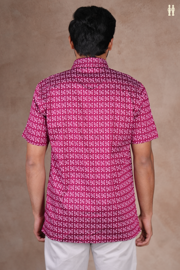 Regular Collar Printed Design Berry Purple Raw Silk Shirt