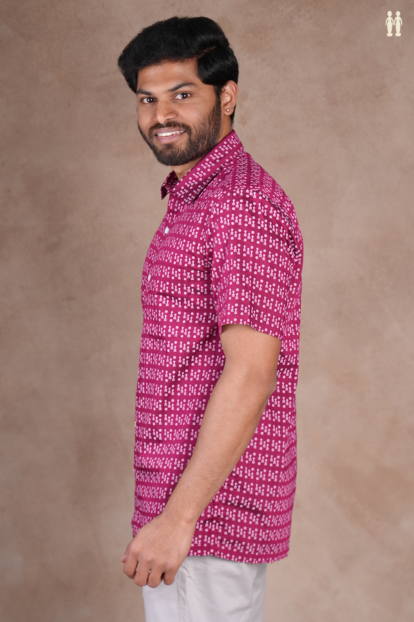 Regular Collar Printed Design Berry Purple Raw Silk Shirt