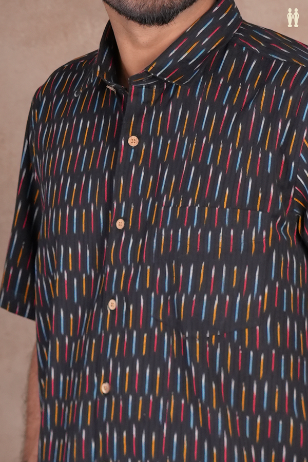 Regular Collar Printed Design Black Ikat Cotton Shirt