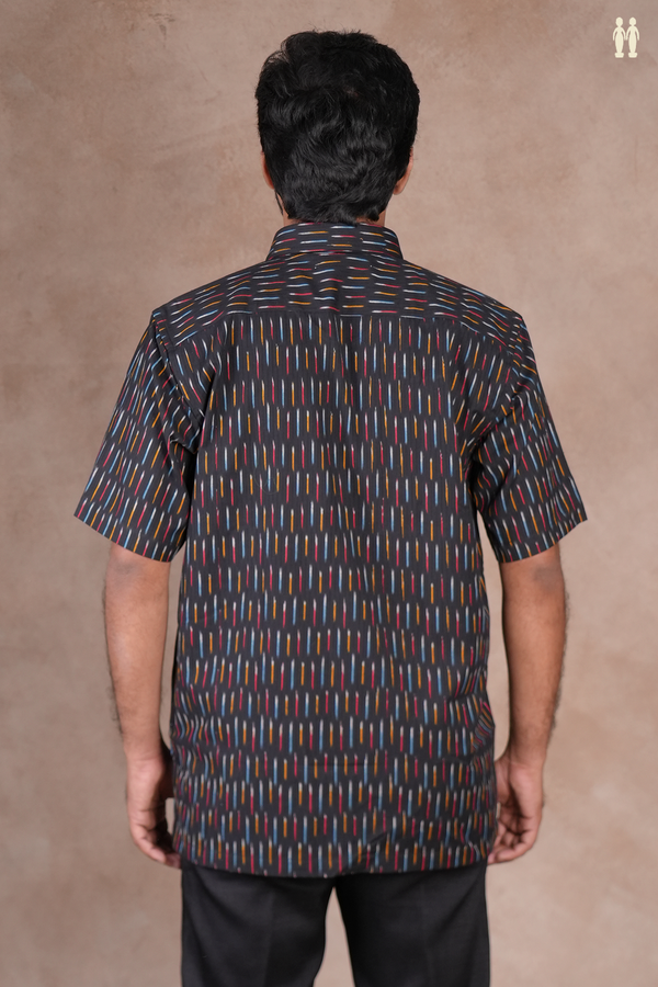 Regular Collar Printed Design Black Ikat Cotton Shirt