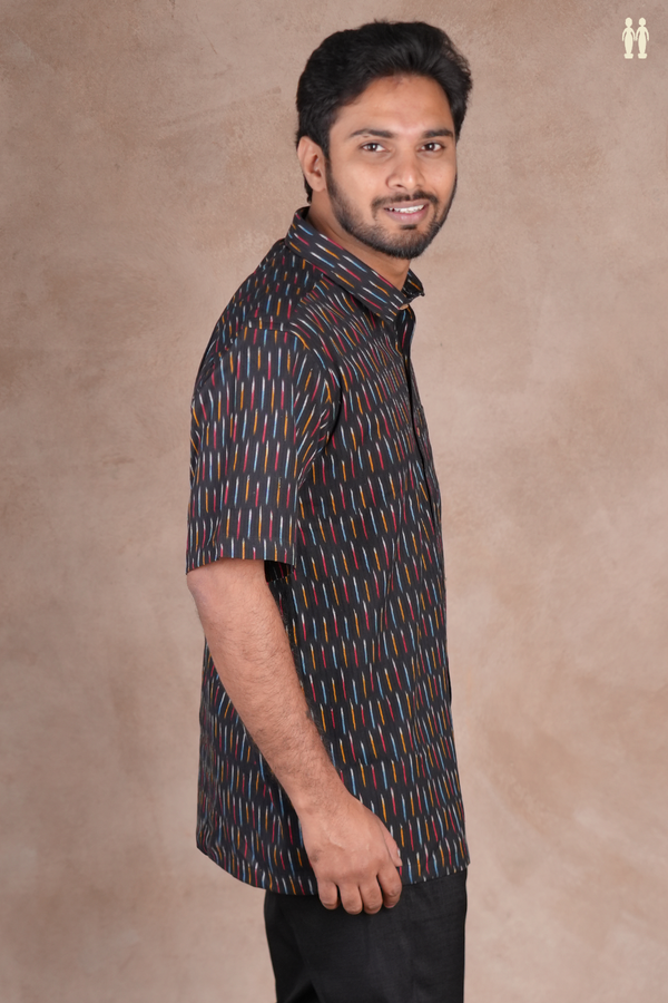 Regular Collar Printed Design Black Ikat Cotton Shirt