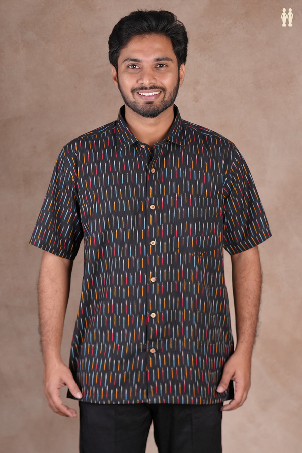 Regular Collar Printed Design Black Ikat Cotton Shirt