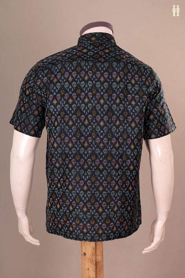 Regular Collar Printed Design Black Raw Silk Shirt