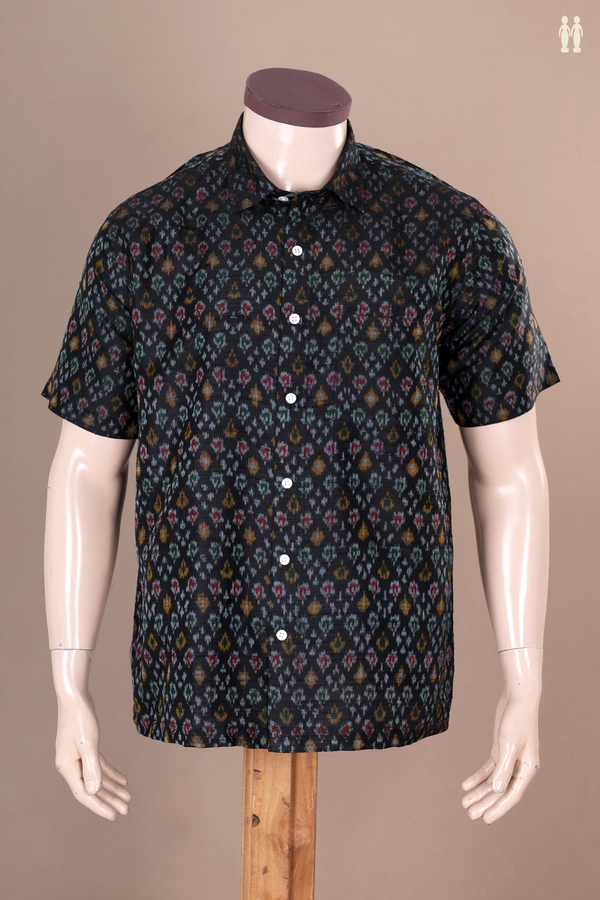 Regular Collar Printed Design Black Raw Silk Shirt