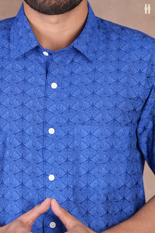Regular Collar Printed Design Blue Cotton Shirt