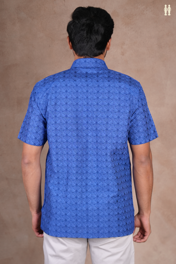 Regular Collar Printed Design Blue Cotton Shirt