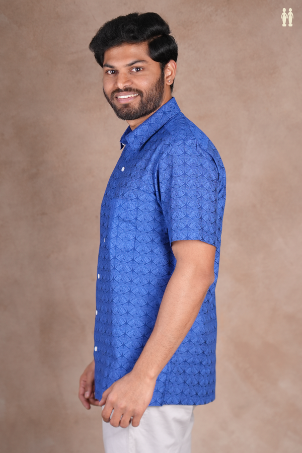Regular Collar Printed Design Blue Cotton Shirt