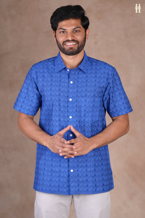 Regular Collar Printed Design Blue Cotton Shirt