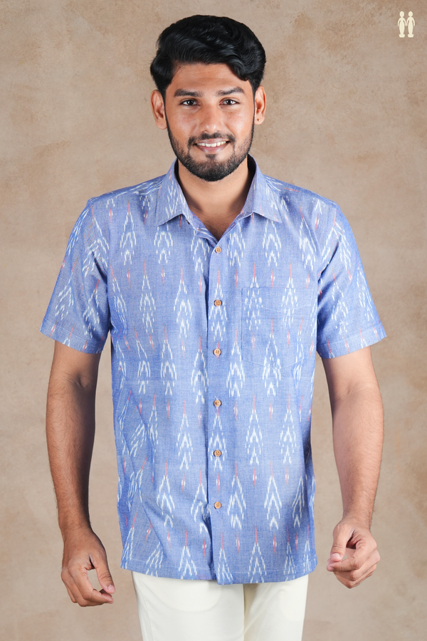 Regular Collar Printed Design Blue Ikat Cotton Shirt
