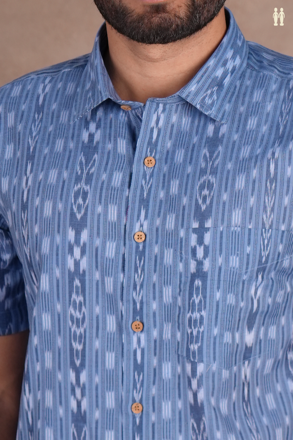 Regular Collar Printed Design Blue Ikat Cotton Shirt