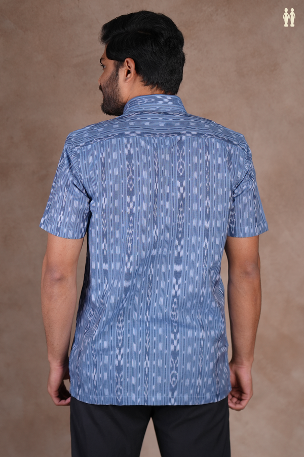 Regular Collar Printed Design Blue Ikat Cotton Shirt