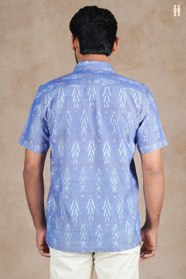 Regular Collar Printed Design Blue Ikat Cotton Shirt