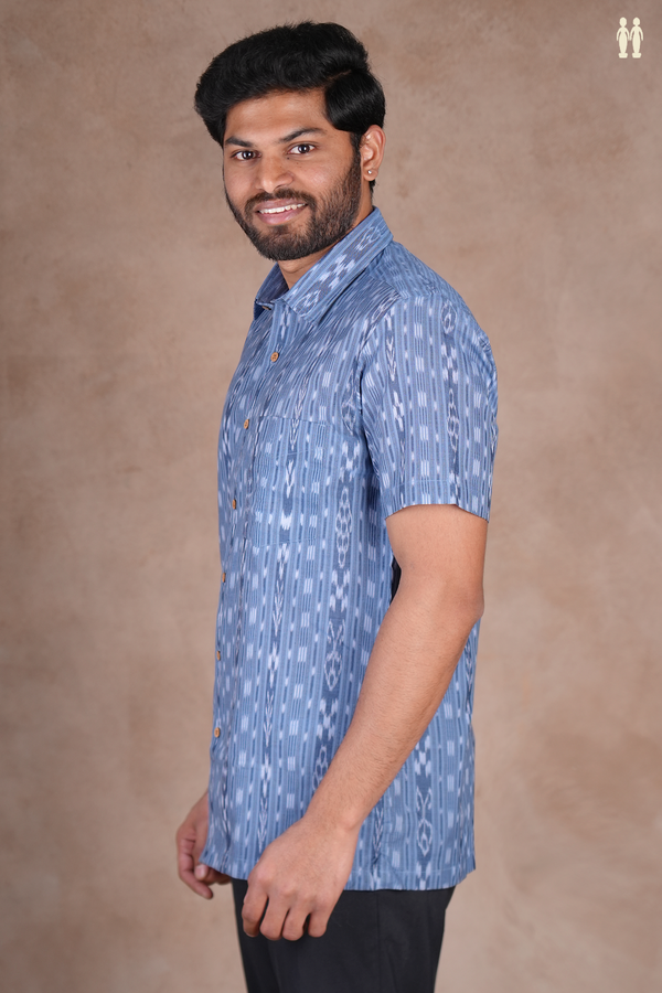Regular Collar Printed Design Blue Ikat Cotton Shirt