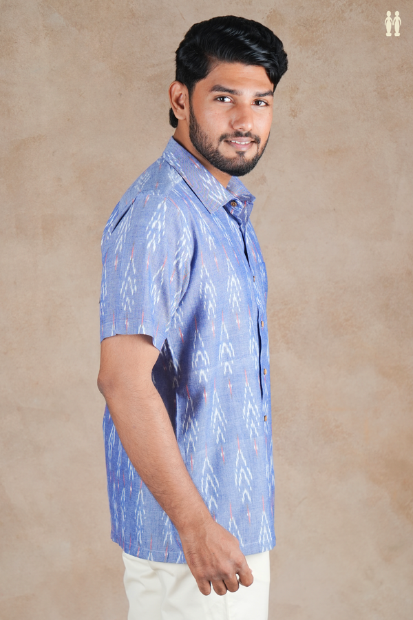Regular Collar Printed Design Blue Ikat Cotton Shirt