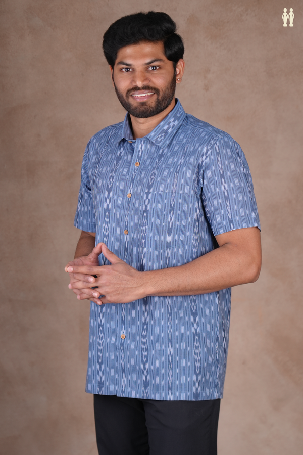 Regular Collar Printed Design Blue Ikat Cotton Shirt