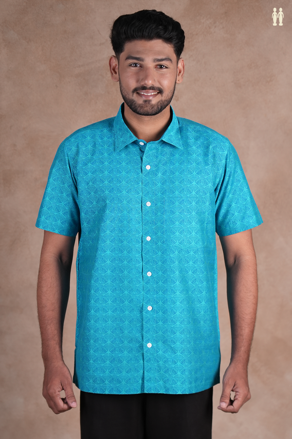 Regular Collar Printed Design Blue Raw Silk Shirt